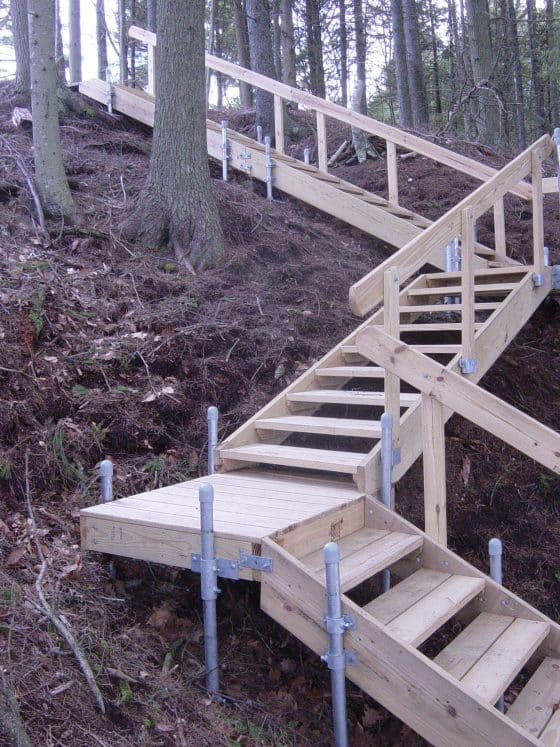 Steep hill stairs through woods